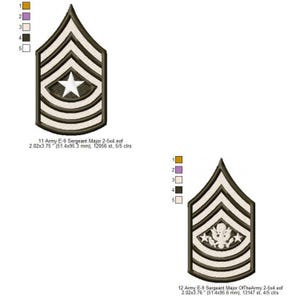May include: Two embroidered Army E-9 Sergeant Major patches. One features a white star, the other a crest. Each patch is approximately 2.02 x 3.75 inches (51.4 x 95.3 mm).