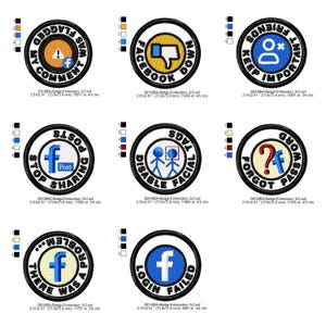 May include: Embroidered patches with social media-themed designs. Each patch features a black border with text and icons related to Facebook. Designs include phrases like "My Comment Was Flagged" and "Login Failed."