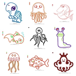 Puede incluir: Nueve diseños bordados de criaturas marinas coloridas, incluyendo una tortuga, una medusa, un pez y un pulpo. Los diseños presentan varios colores y estilos, perfectos para proyectos de manualidades. Cada diseño tiene una expresión y forma únicas.
