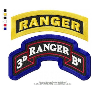 May include: A yellow and black embroidered patch with the word "RANGER" in yellow lettering. Below the patch is a blue and black embroidered patch with the words "RANGER" in white lettering, "3D" in white lettering on a red background, and "BN" in white lettering on a red background.