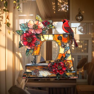 Gepersonaliseerde naaimachine kardinaal Suncatcher faux acryl wilde bloemen raam hangend cadeau voor oma moeder of naailiefhebbers decor