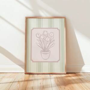 Vintage Tulip Print, Green and Pink Wall Art, Printable Art, Floral Art Print, Home Decor, Digital Download, Feminine Wall Art image 1