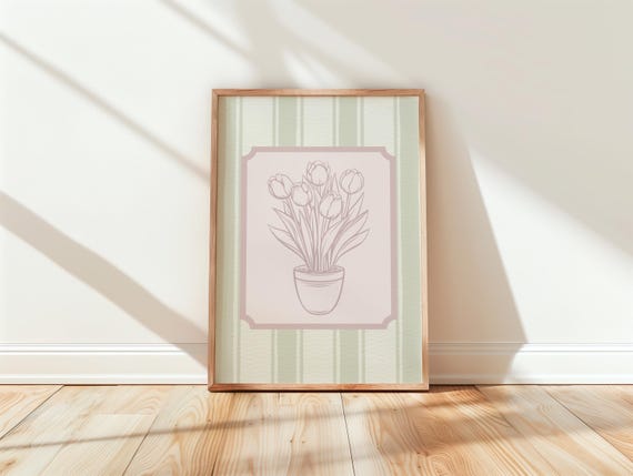 Vintage Tulip Print, Green and Pink Wall Art, Printable Art, Floral Art Print, Home Decor, Digital Download, Feminine Wall Art