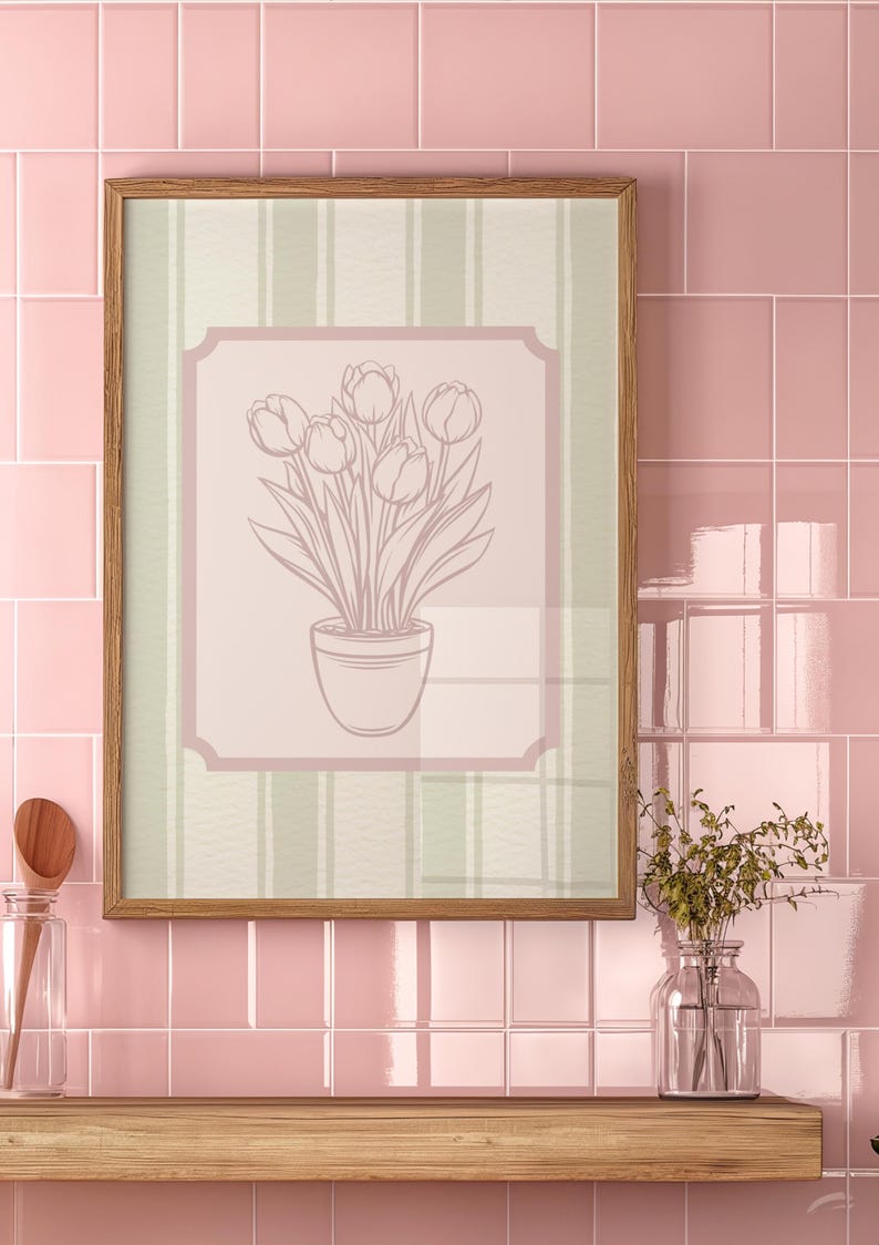 Vintage Tulip Print, Green and Pink Wall Art, Printable Art, Floral Art Print, Home Decor, Digital Download, Feminine Wall Art image 5