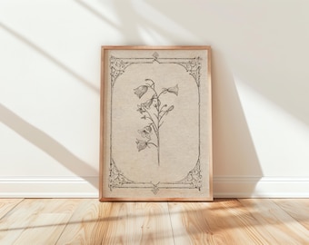 Könnte beinhalten: Ein gerahmter botanischer Druck mit einer detaillierten Schwarz-Weiß-Illustration von glockenförmigen Blumen auf einem Stiel. Das Kunstwerk befindet sich vor einem beigefarbenen Hintergrund und ist in einem hellbraunen Holzrahmen mit dekorativen Eckakzenten gerahmt. Der Druck lehnt an einer weißen Wand.