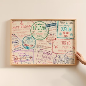 Impressão digital de carimbo de passaporte, arte para impressão, download digital, pôster de amante de viagens, arte de parede moderna, decoração para casa, arte de parede com desejo de viajar