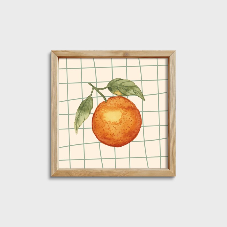 May include: A framed illustration of an orange with green leaves on a white background with a green grid pattern.