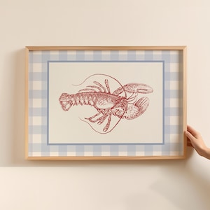 Lobster Digital Print, Gingham Art Print, Printable Art, Coastal Kitchen Art, Beach Home Decor, Ocean Wall Art, Trendy Art, Home Decor
