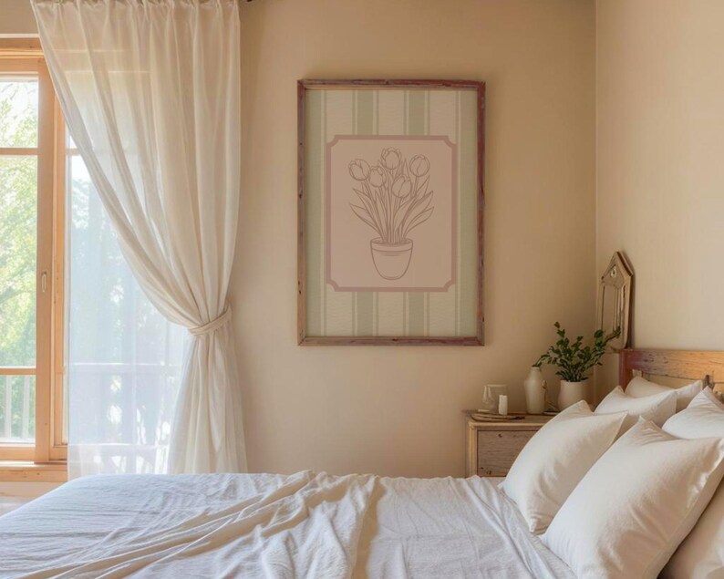 Vintage Tulip Print, Green and Pink Wall Art, Printable Art, Floral Art Print, Home Decor, Digital Download, Feminine Wall Art image 3