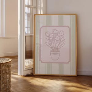 Vintage Tulip Print, Green and Pink Wall Art, Printable Art, Floral Art Print, Home Decor, Digital Download, Feminine Wall Art image 2
