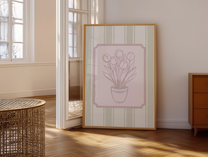 Vintage Tulip Print, Green and Pink Wall Art, Printable Art, Floral Art Print, Home Decor, Digital Download, Feminine Wall Art image 2
