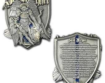 St Michael Patron of Police Officers Thin Blue Line Police Prayer Collectible Challenge Coin