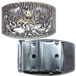 May include: Silver-toned metal belt buckle with the text "SONS OF NEPTUNE" and "CROSSING THE LINE SINCE 1775". The buckle features a skull with a crown, trident, and sea creatures. The back of the buckle is also visible.