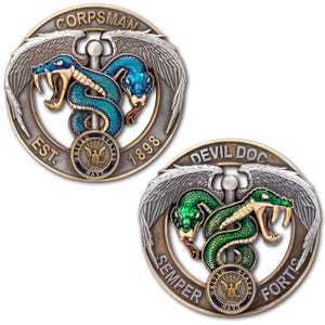 May include: Two metal coins with a snake design. One coin reads "CORPSMAN EST. 1898" and features a blue snake. The other coin reads "DEVIL DOC SEMPER FORTIS" with a green snake. Both coins have the US Navy emblem.
