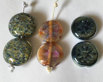 INVENTORY REDUCTION — Handmade Artisan Lampwork Beads - 3 Pairs of Lentil beads