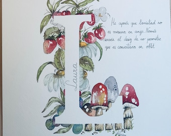May include: A watercolour illustration of the letter 'L' adorned with strawberries, daisies, and mushrooms. The name 'Laura' is written vertically within the letter. Cursive text is on the right side of the letter.