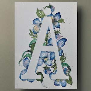 Acuarela Inicial- Lirios azules- Hecha a mano, Original Única y personalizada.Obra de arte