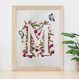 Acuarela inicial: cerezas, flores y mariposas. Obra de arte original hecha a mano.