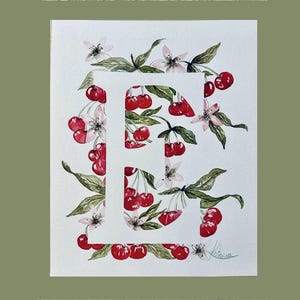 Acuarela Inicial-Rodeada de fresas rojas.- Obra de arte hecha a mano, Original, Única y personalizada.