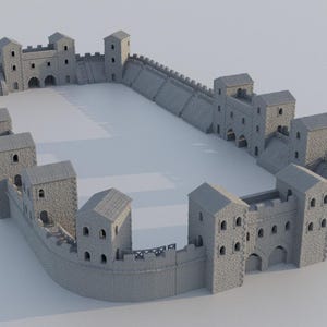 Puede incluir: Un modelo 3D gris de una arena de estilo medieval con una pared de piedra y torres. La arena está vacía y tiene una forma rectangular.