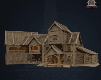 May include: A detailed model of "The Stagknight's Tavern" with a stone and wood facade. The building features multiple levels, gabled roofs, and arched entryways. The image includes the "MUJJA'S FORGE" logo and text at the bottom.