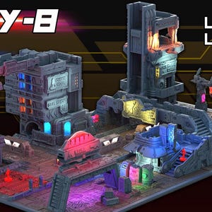 May include: A 3D printed cityscape model with LED lights. The model features multiple buildings with different designs and textures, including a police station, a tower, and a shop. The model is compatible with OpenLock, a modular system for building terrain.