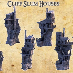 Puede incluir: Una colección de casas en miniatura grises de "Cliff Slum", cada una sobre una base rocosa. Las casas presentan elementos arquitectónicos detallados, incluyendo chimeneas, balcones y escaleras. La imagen incluye el texto "Cliff Slum Houses".