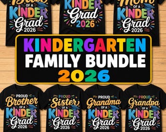 Camisetas de Formatura do Jardim de Infância 2026 - Pacote Família - Camisetas Combinando para Mãe, Pai, Irmão, Irmã, Avó e Avô - Coloridas para Formatura do Jardim de Infância em PNG e SVG