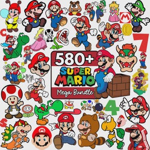 May include: A digital collection of Super Mario character illustrations featuring Mario, Luigi, Princess Peach, Toad, Bowser, and Yoshi in various poses. The central graphic displays the text 580+ Super Mario Mega Bundle in bold colors.