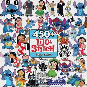 May include: A digital collection of Lilo and Stitch character illustrations featuring various poses of Stitch and Lilo, including holiday themes, surfing, and dancing. The central graphic displays the text 450+ Lilo & Stitch Mega Bundle.