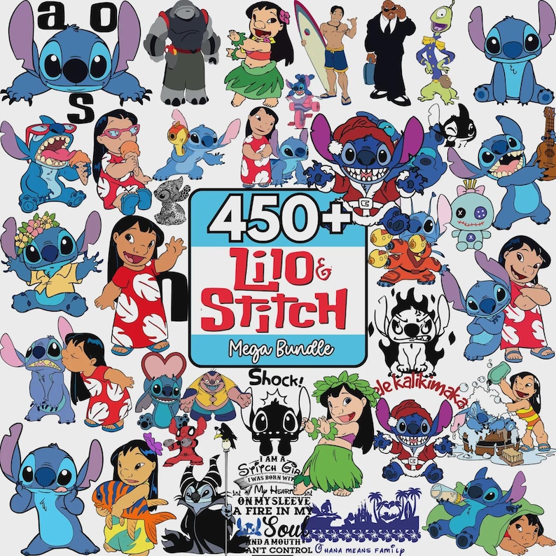 May include: A digital collection of Lilo and Stitch character illustrations featuring various poses of Stitch and Lilo, including holiday themes, surfing, and dancing. The central graphic displays the text 450+ Lilo & Stitch Mega Bundle.