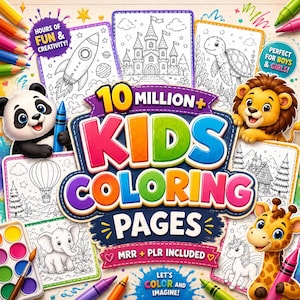 May include: A digital collection of 10 million plus kids colouring pages featuring illustrations of a rocket, castle, turtle, elephant, unicorn, and giraffe. The graphic includes a panda, lion, watercolour palette, and colourful crayons.