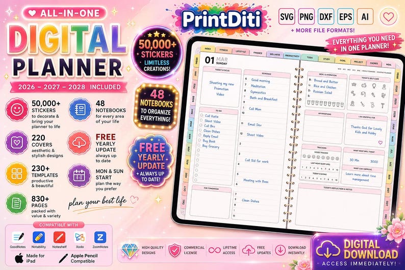 2026 2027 2028 Digital Planner, Hyperlinked Goodnotes Planner, Daily ...