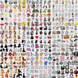 May include: A large collection of diverse character illustrations and text-based designs featuring figures from popular animated films, video games, and horror movies, presented in a grid format with a mix of full-color and black-and-white graphics.