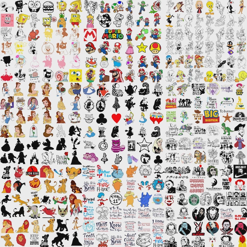 May include: A large collection of diverse character illustrations and text-based designs featuring figures from popular animated films, video games, and horror movies, presented in a grid format with a mix of full-color and black-and-white graphics.