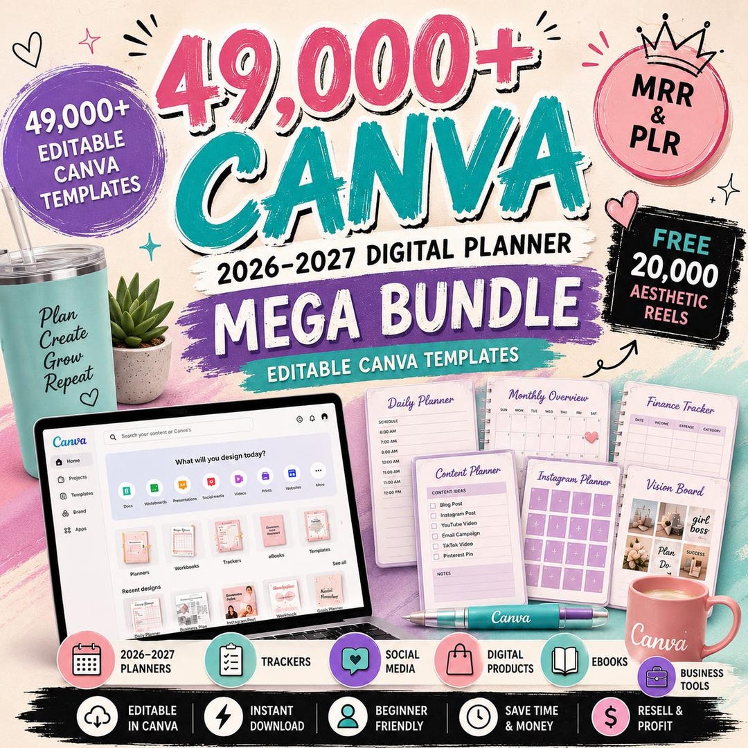49,000+ Digital Planner Bundle 2026–2028, Editable Canva PLR MRR Planner Templates, GoodNo