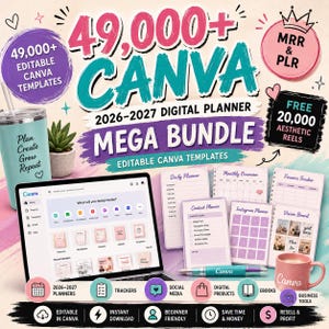 49,000+ Digital Planner Bundle 2026–2028 with editable Canva templates, printable planners, journals, PLR and MRR rights for Etsy sellers and digital product businesses.
