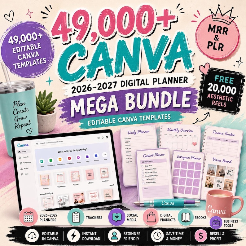 49,000+ Digital Planner Bundle 2026–2028 with editable Canva templates, printable planners, journals, PLR and MRR rights for Etsy sellers and digital product businesses.