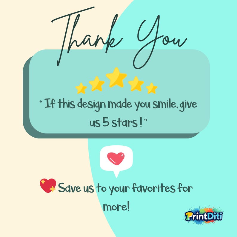 Pode incluir: Um cart&atilde;o gr&aacute;fico azul claro e creme com o texto Thank You em letra cursiva preta. Abaixo, cinco estrelas amarelas sobre o texto If this design made you smile, give us 5 stars! Um &iacute;cone de cora&ccedil;&atilde;o e Save us to your favorites for more!