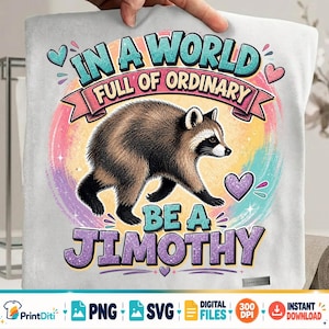Pode incluir: Uma superfície de tecido branco com um gráfico de um guaxinim castanho e preto centrado num fundo circular colorido. O texto diz IN A WORLD FULL OF ORDINARY BE A JIMOTHY, acentuado por pequenos corações cor-de-rosa e roxos e espirais.