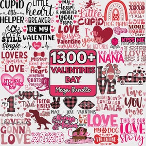 May include: A digital collection of Valentine's Day themed graphics featuring hearts, gnomes, trucks, and text phrases like 1300+ VALENTINES DAY Mega Bundle, Cupid, Love, XOXO, and Be My Valentine in shades of red, pink, black, and white on a light background.