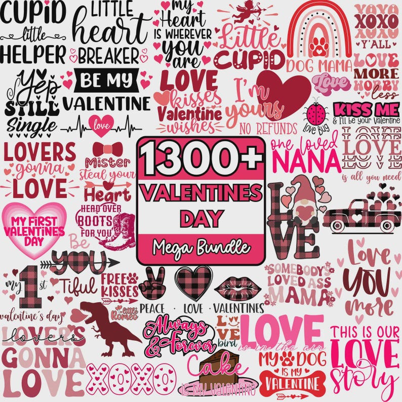 May include: A digital collection of Valentine's Day themed graphics featuring hearts, gnomes, trucks, and text phrases like 1300+ VALENTINES DAY Mega Bundle, Cupid, Love, XOXO, and Be My Valentine in shades of red, pink, black, and white on a light background.