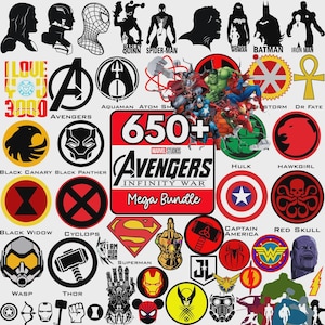 May include: A digital collection of over 650 superhero-themed graphic stickers and logos featuring characters from the Marvel and DC universes, including icons for Avengers, Iron Man, Captain America, Thor, Hulk, Spider-Man, and Thanos.