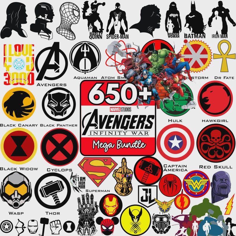 May include: A digital collection of over 650 superhero-themed graphic stickers and logos featuring characters from the Marvel and DC universes, including icons for Avengers, Iron Man, Captain America, Thor, Hulk, Spider-Man, and Thanos.