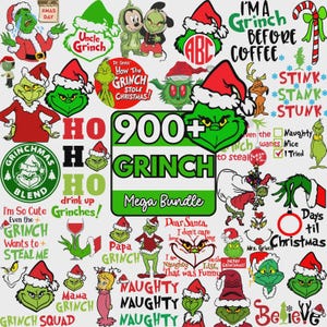 May include: A digital collection of over 900 Grinch-themed graphic designs featuring various illustrations of the green character, Santa hats, Christmas ornaments, and holiday-themed text phrases like I'm a Grinch before coffee and Naughty.