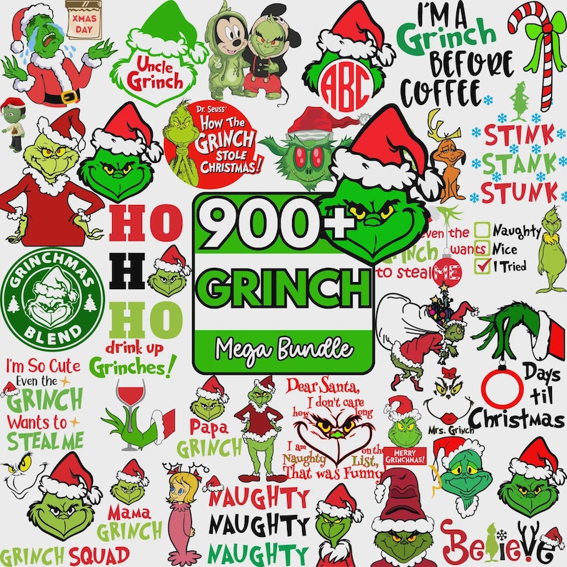 May include: A digital collection of over 900 Grinch-themed graphic designs featuring various illustrations of the green character, Santa hats, Christmas ornaments, and holiday-themed text phrases like I'm a Grinch before coffee and Naughty.