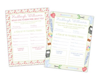 May include: Two printable cards with a pink and green floral pattern and a green and white polka dot pattern. The cards are for a child named Hadleigh Williams and ask for information about their favorite things, birthday, and classroom wish list.