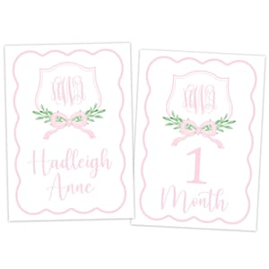 Cartes d'étape imprimables pour bébé fille | Cartes d'étapes mensuelles | Cartes d'étape aquarelles | Cartes bébé fille| Cartes d'étape avec monogramme |