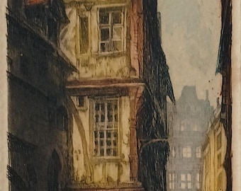 Léopold Robin (1877-1939), signed color engraving, Rouen rue Saint Romain