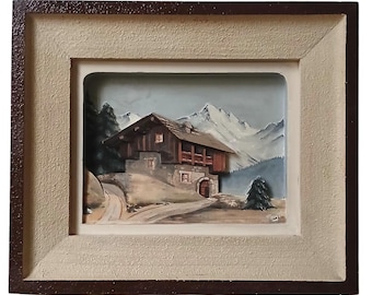 François Raugel, chalet in the mountains, painting on carved wood VINTAGE